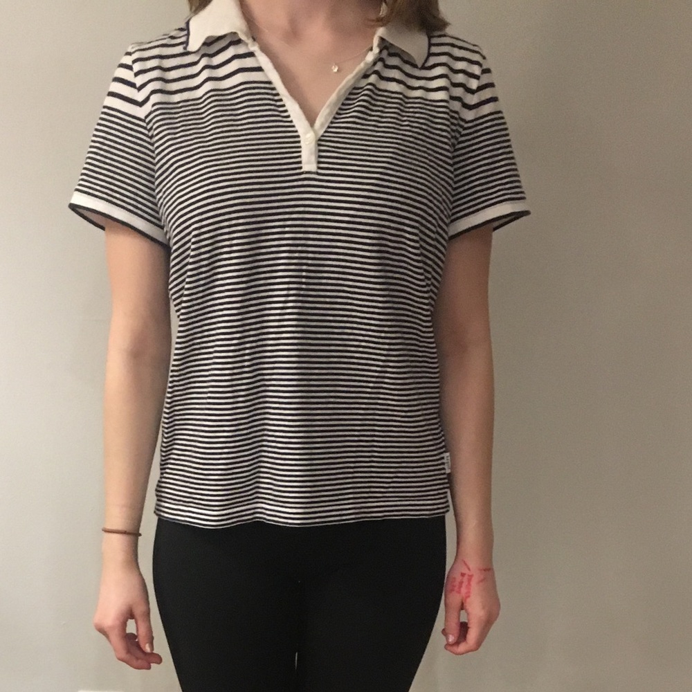 Striped, collared tee shirt.
